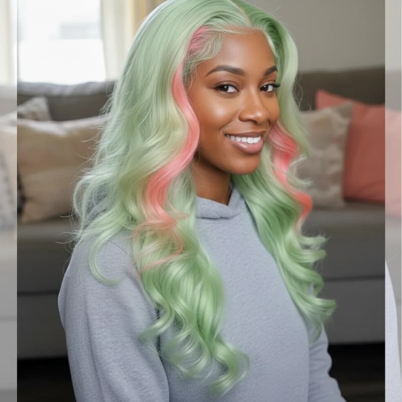 SWAY Pastel Green With Pink Skunk Stripe 13x4 Lace Front Virgin Human Hair Wigs 200 Density