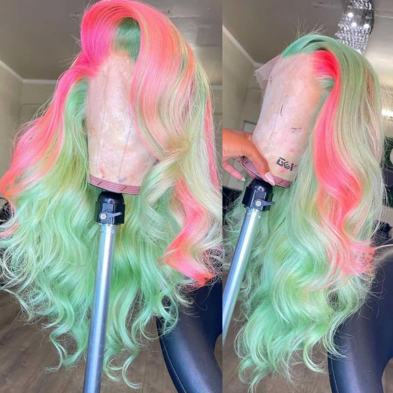 SWAY Pastel Green With Pink Skunk Stripe 13x4 Lace Front Virgin Human Hair Wigs 200 Density