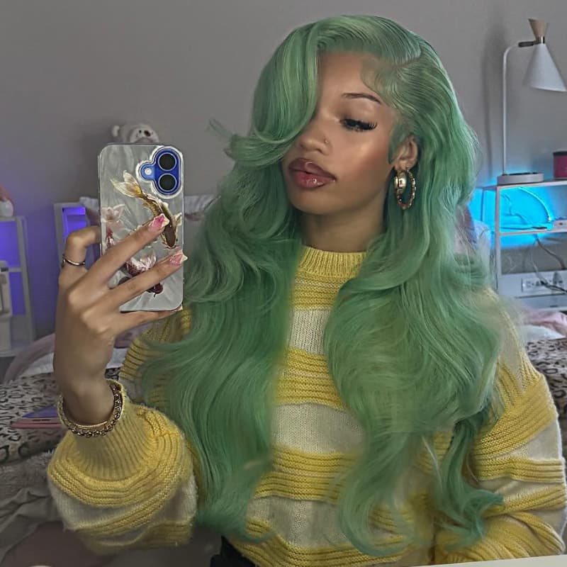 SWAY Pastel Teal Green 13x4 Lace Front Virgin Human Hair Wigs 200 Density