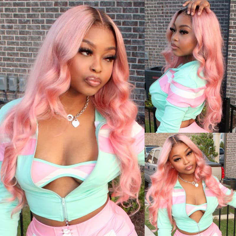 SWAY Pink With Dark Roots Body Wave 13x4 HD Lace Front Human Hair Wigs