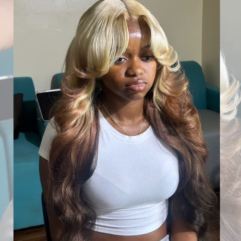 SWAY  Reverse Ombre Blonde Brown Curtain Bangs 13x4 Lace Front Virgin Human Hair Wigs 200 Density