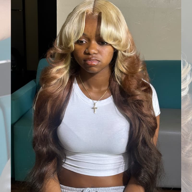 SWAY  Reverse Ombre Blonde Brown Curtain Bangs 13x4 Lace Front Virgin Human Hair Wigs 200 Density