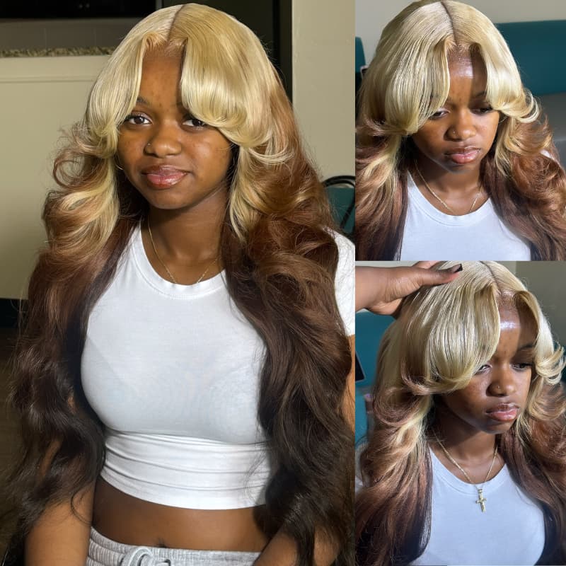 SWAY  Reverse Ombre Blonde Brown Curtain Bangs 13x4 Lace Front Virgin Human Hair Wigs 200 Density