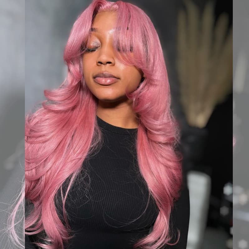 SWAY 200 Density Curtain Bangs Rosy Pink HD Lace Front Human Hair Wigs