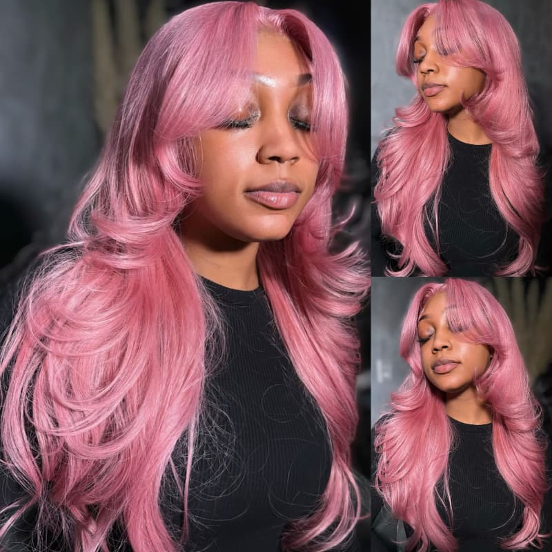 SWAY 200 Density Curtain Bangs Rosy Pink HD Lace Front Human Hair Wigs