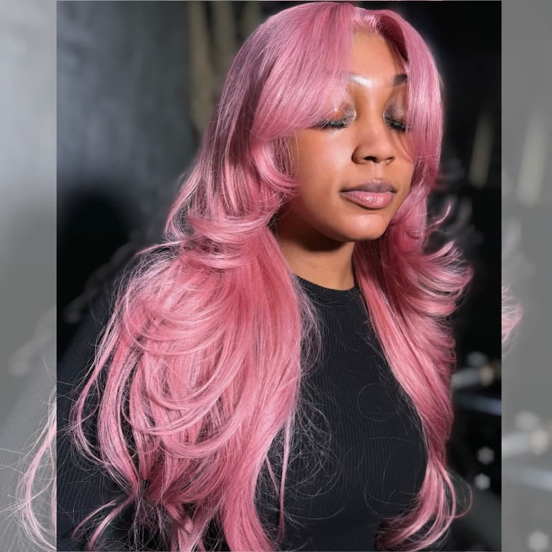 SWAY 200 Density Curtain Bangs Rosy Pink HD Lace Front Human Hair Wigs