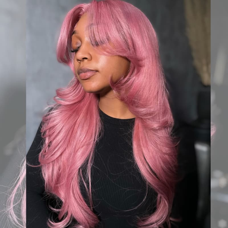 SWAY 200 Density Curtain Bangs Rosy Pink HD Lace Front Human Hair Wigs