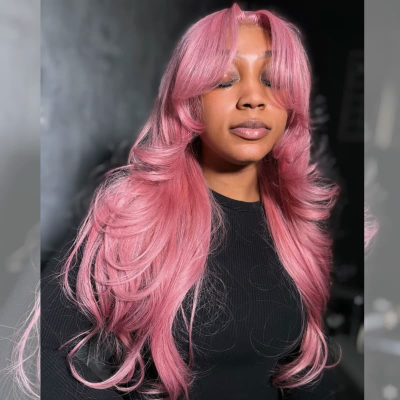 SWAY 200 Density Curtain Bangs Rosy Pink HD Lace Front Human Hair Wigs