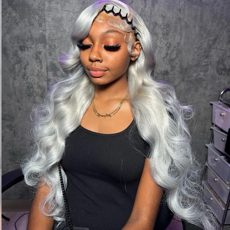 SWAY Silver Gray Pastel Green Wavy 13x4 Lace Front Virgin Human Hair Wigs 200 Density