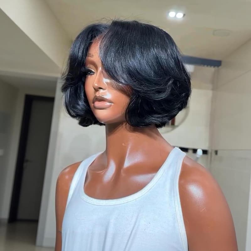 SWAY Short Layered Flip Curtain Bangs Bob 13x4 Lace Frontal Human Hair Wigs