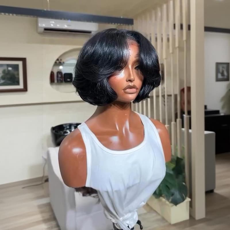 SWAY Short Layered Flip Curtain Bangs Bob 13x4 Lace Frontal Human Hair Wigs