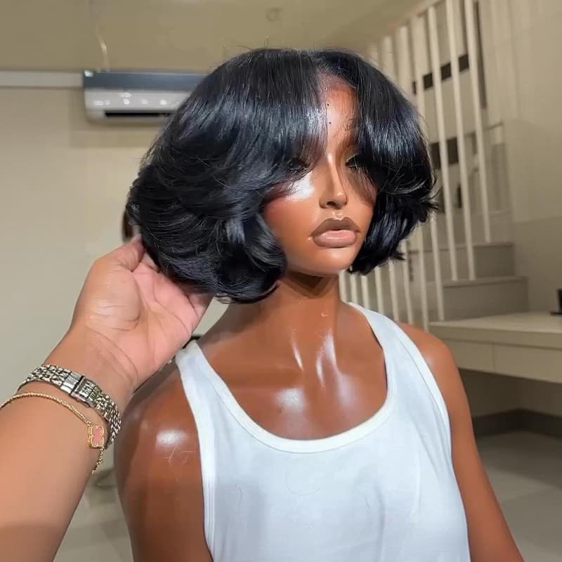 SWAY Short Layered Flip Curtain Bangs Bob 13x4 Lace Frontal Human Hair Wigs
