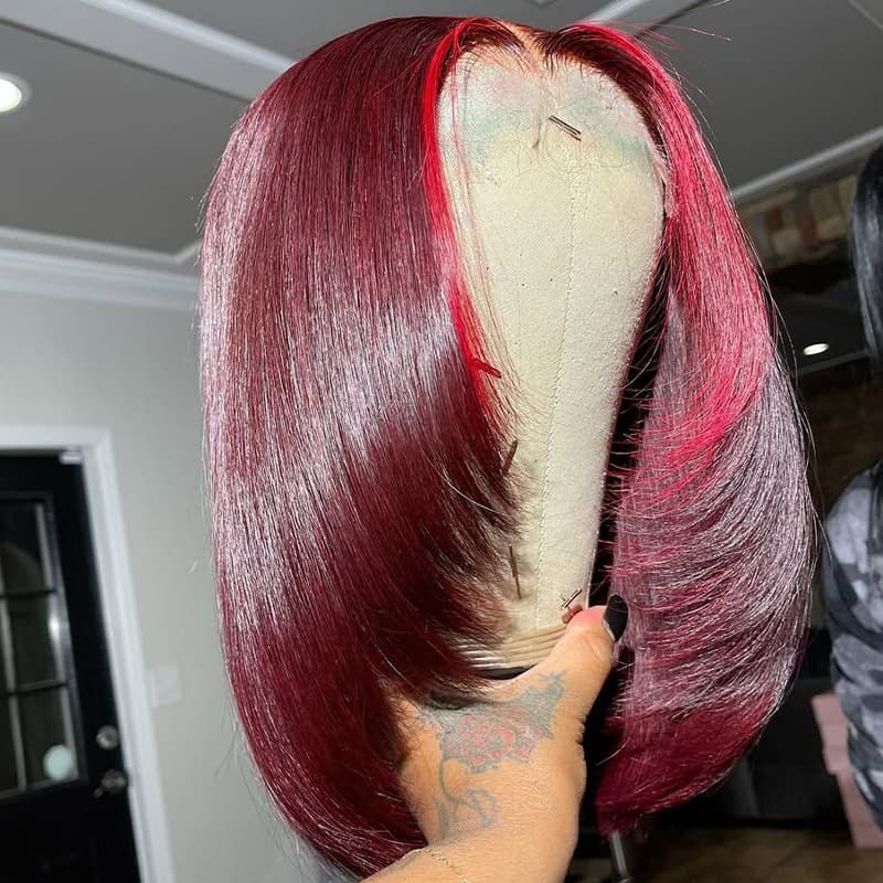 SWAY Short Medium Layered Cut Burgundy Red Skunk Stripe Bob 13x4 Lace Front Human Hair Wig