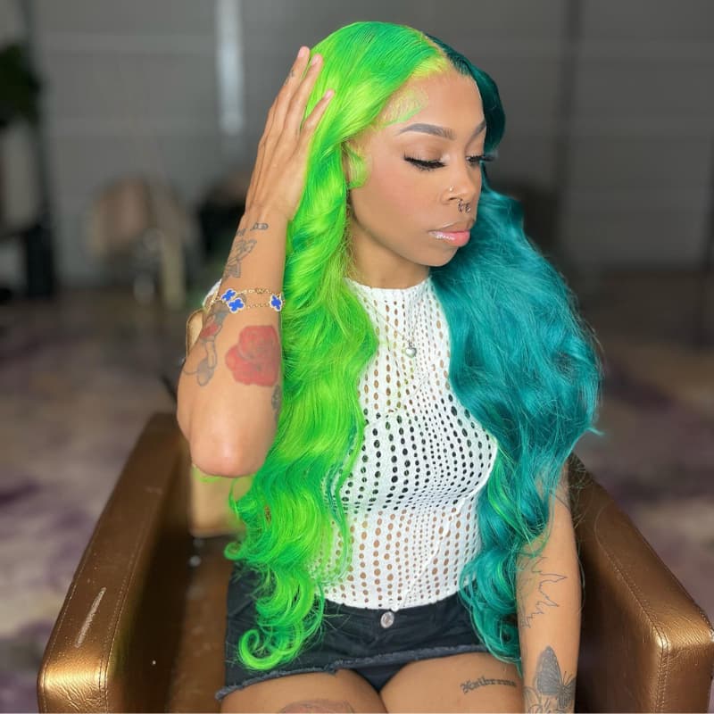 SWAY Split Dye Half Green Half Blue Luxury Summer Beach Vacations 13x4 Lace Front Human Hair Wig