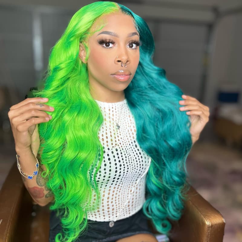 SWAY Split Dye Half Green Half Blue Luxury Summer Beach Vacations 13x4 Lace Front Human Hair Wig