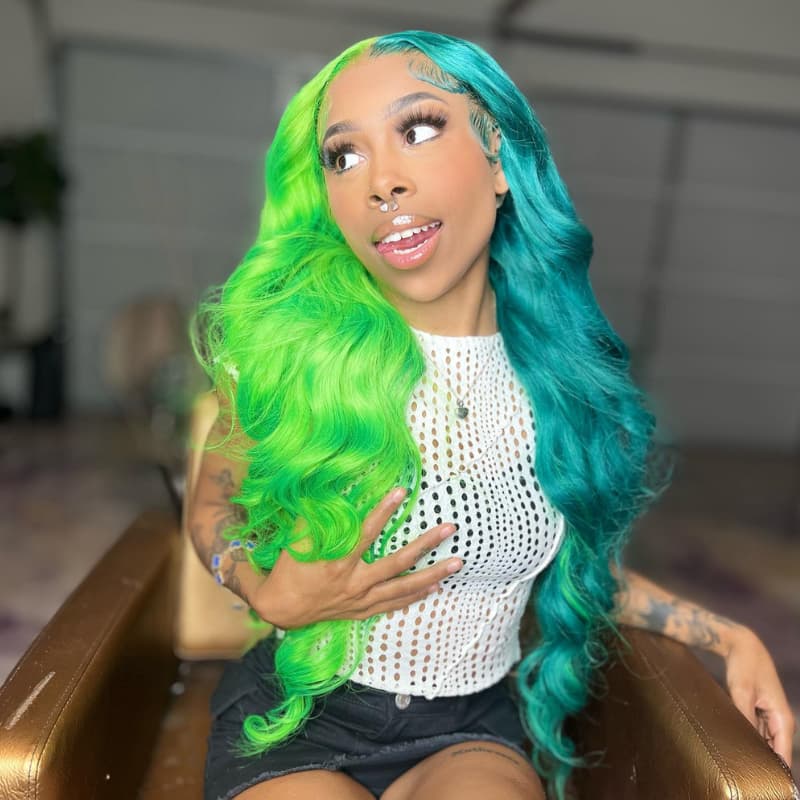 SWAY Split Dye Half Green Half Blue Luxury Summer Beach Vacations 13x4 Lace Front Human Hair Wig