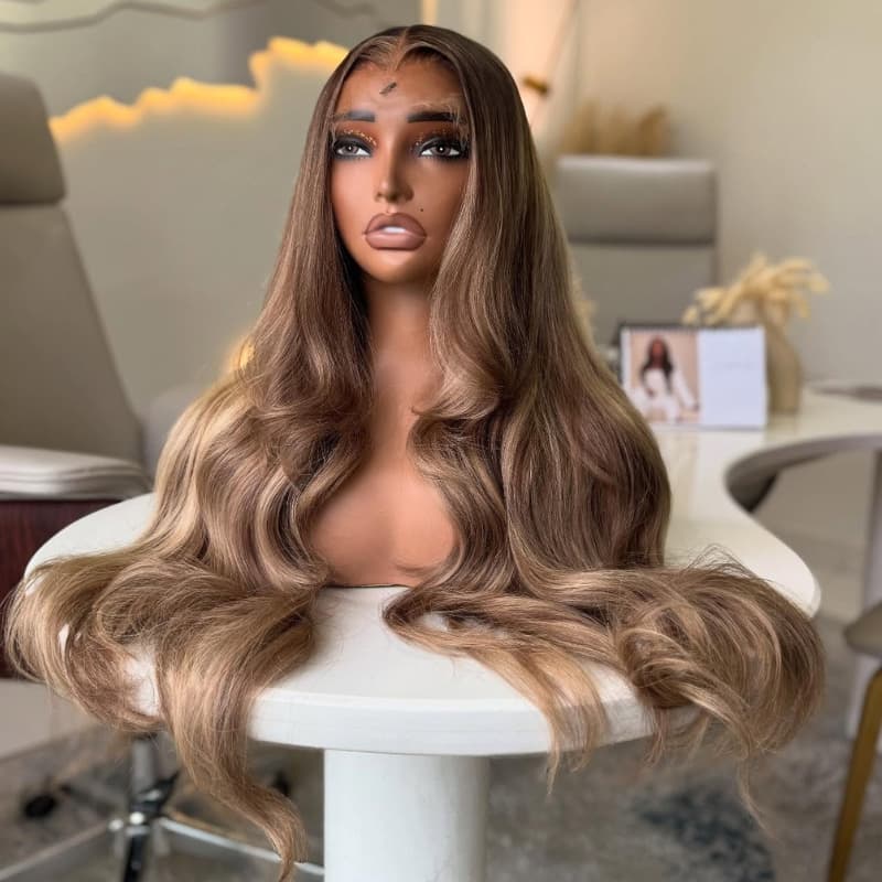 SWAY Strawberry Honey Blonde Brown Highlights 13x4 Lace Front Virgin Human Hair Wigs 200 Density