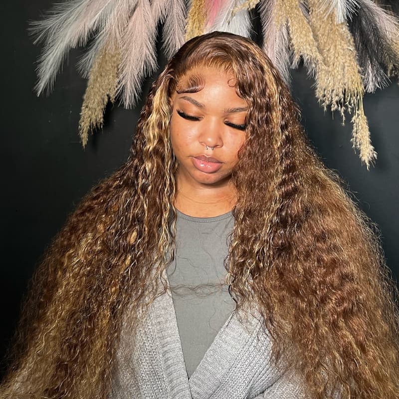 SWAY Honey Blonde Brown Highlight Deep Wave Curly Remy Human Hair Wigs
