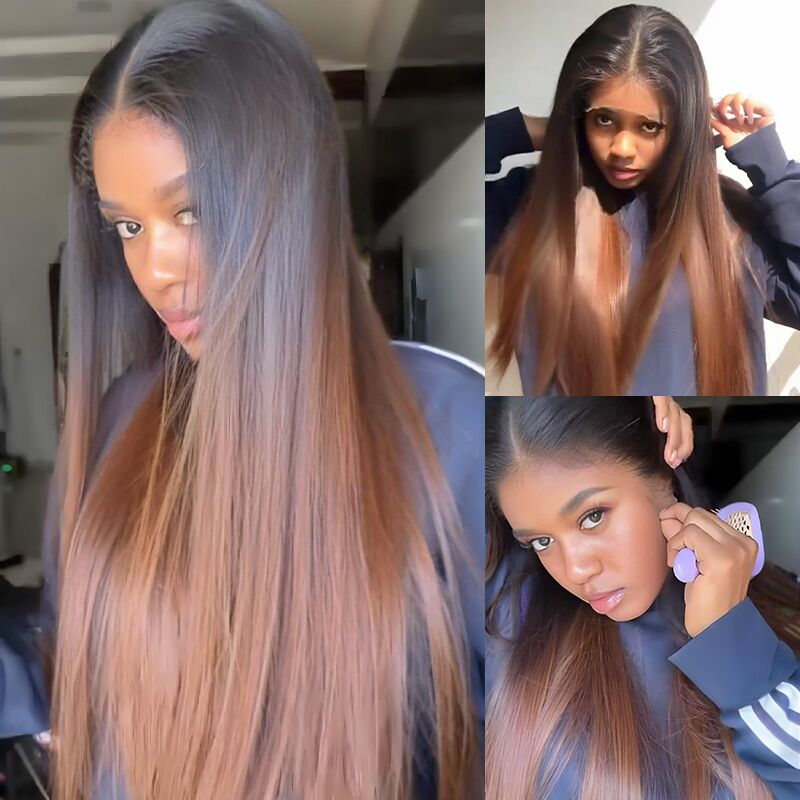 Sway Ombre Black Brown Bone Straight 13x4 HD Lace Front Human Hair Wigs
