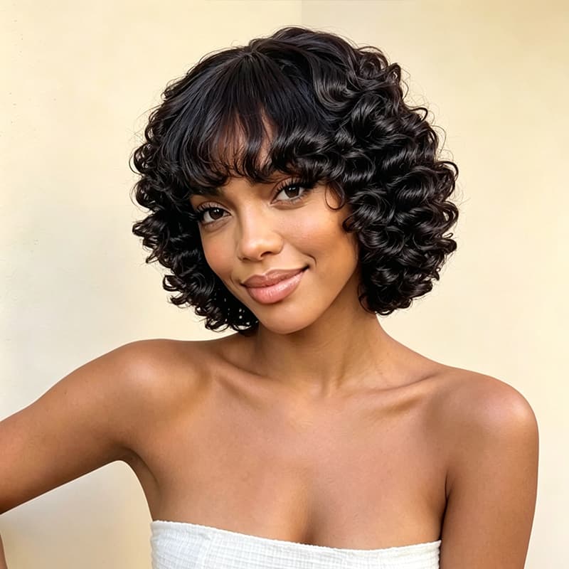SWAY Tight Spiral Deep Curls Short Bob Machine Made Human Hair Wigs
