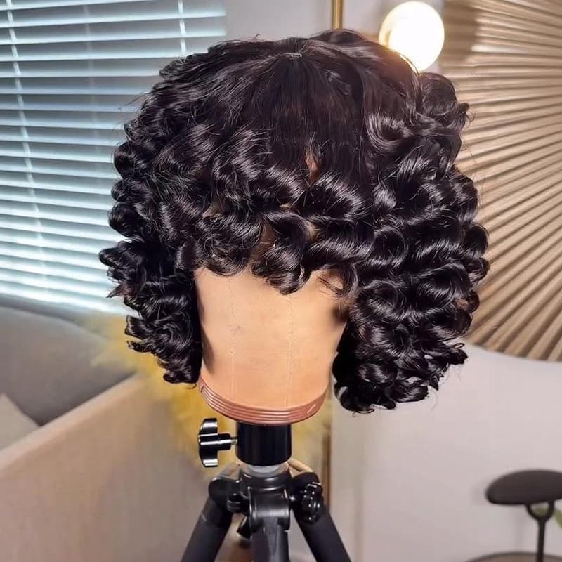 SWAY Tight Spiral Deep Curls Short Bob Machine Made Human Hair Wigs