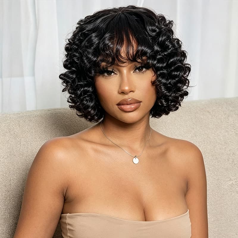 SWAY Tight Spiral Deep Curls Short Bob Machine Made Human Hair Wigs