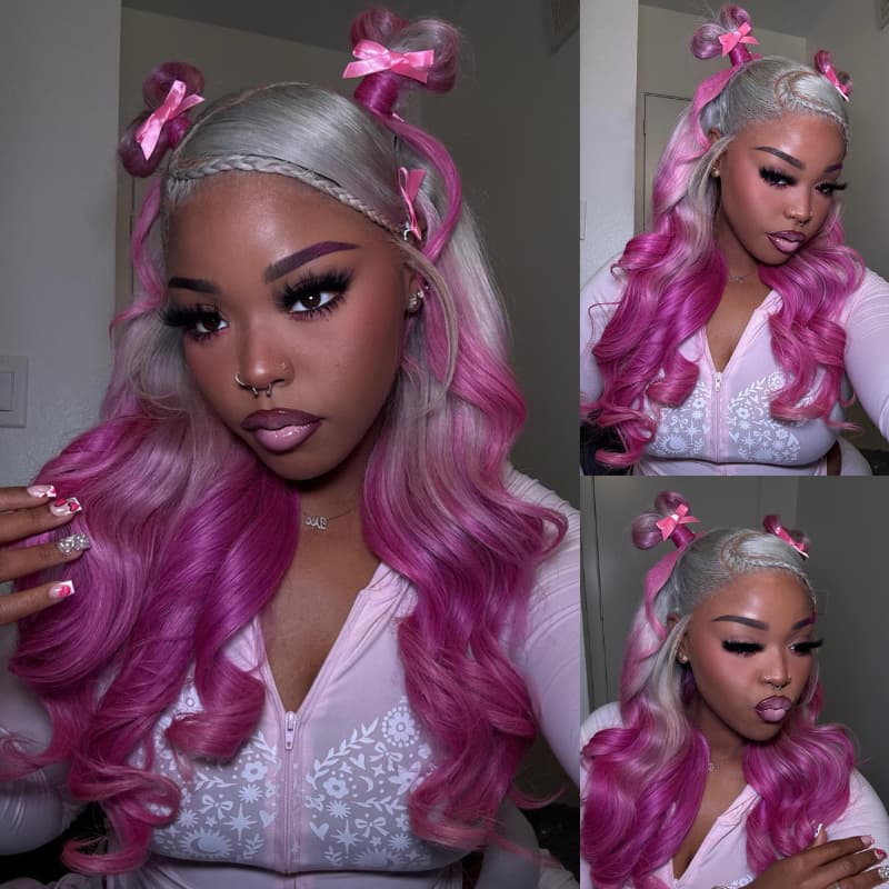 SWAY Two Tone Ombre Platinum Silver Gray Vibrant Bubblegum Fuchsia Pink 13x4 Lace Front Human Hair Wig