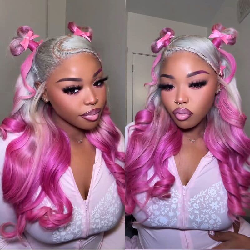 SWAY Two Tone Ombre Platinum Silver Gray Vibrant Bubblegum Fuchsia Pink 13x4 Lace Front Human Hair Wig