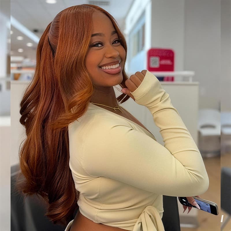 SWAY Vibrant Pumpkin Copper Orange Short Bob Body Wave Curls 13x4 Lace Front Human Hair Wig