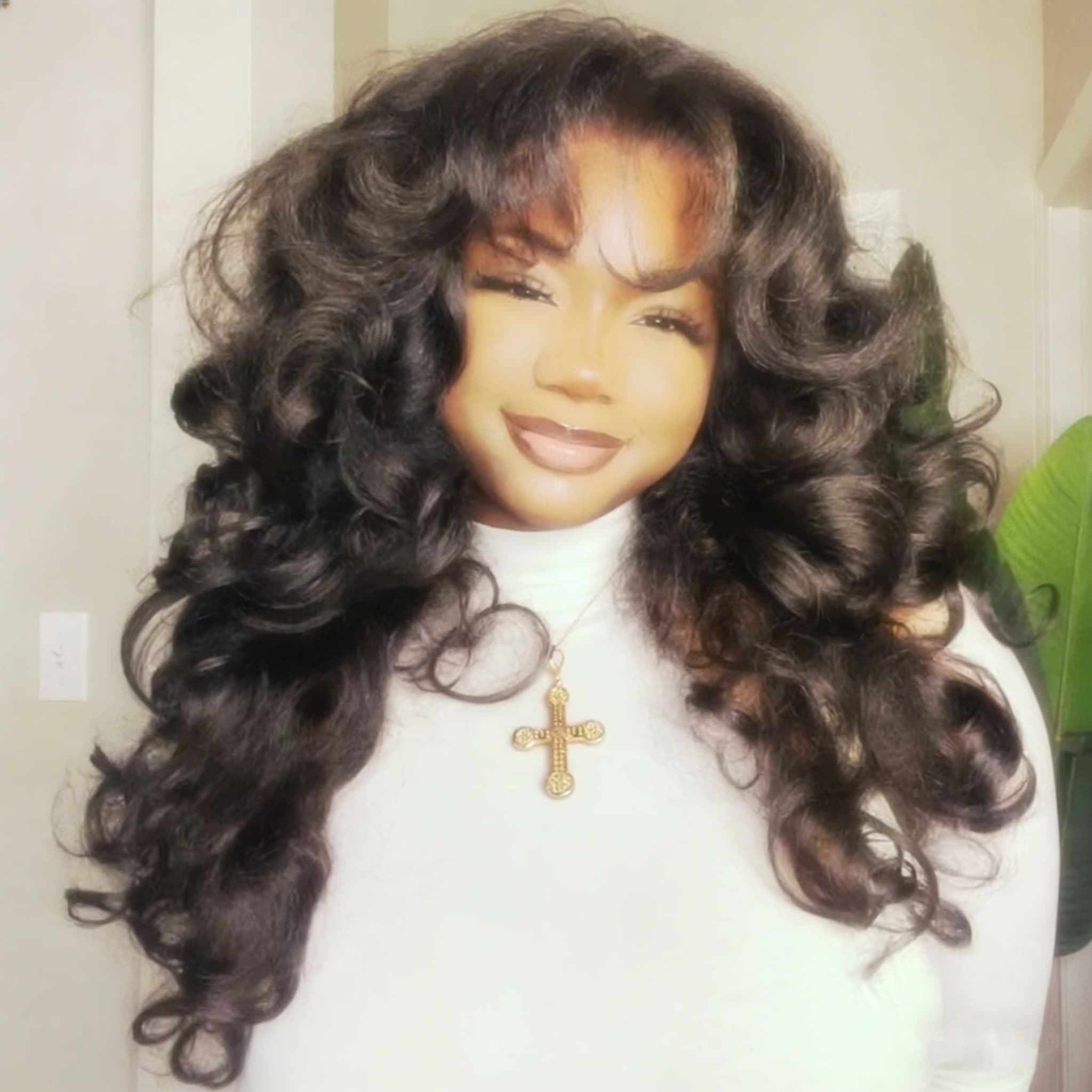 SWAY Voluminous Bouncy Loose Wave With Bangs 13x4 Lace Front Human Hair Wig 300 Density