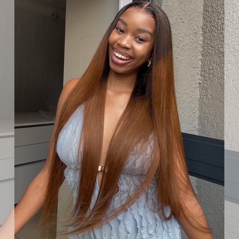 SWAY Warm Chestnut Brown with Dark Roots Bone Straight 13X4 Lace Front Human Hair Wigs 250 300 Density