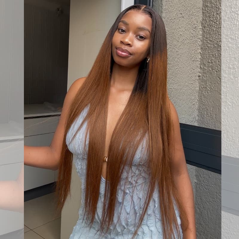 SWAY Warm Chestnut Brown with Dark Roots Bone Straight 13X4 Lace Front Human Hair Wigs 250 300 Density