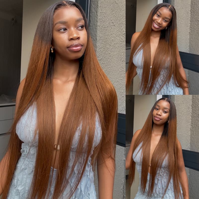 SWAY Warm Chestnut Brown with Dark Roots Bone Straight 13X4 Lace Front Human Hair Wigs 250 300 Density