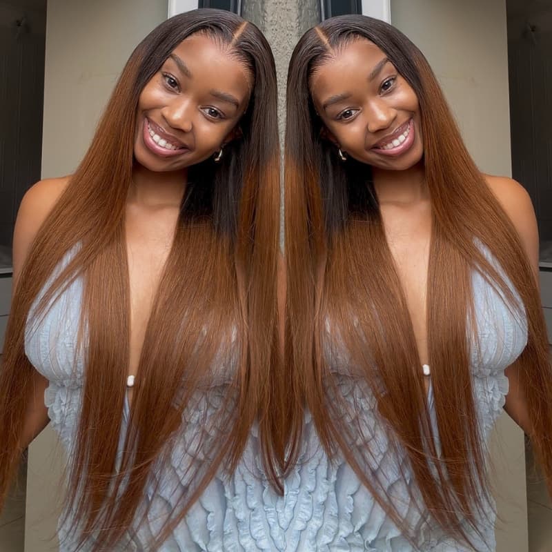 SWAY Warm Chestnut Brown with Dark Roots Bone Straight 13X4 Lace Front Human Hair Wigs 250 300 Density